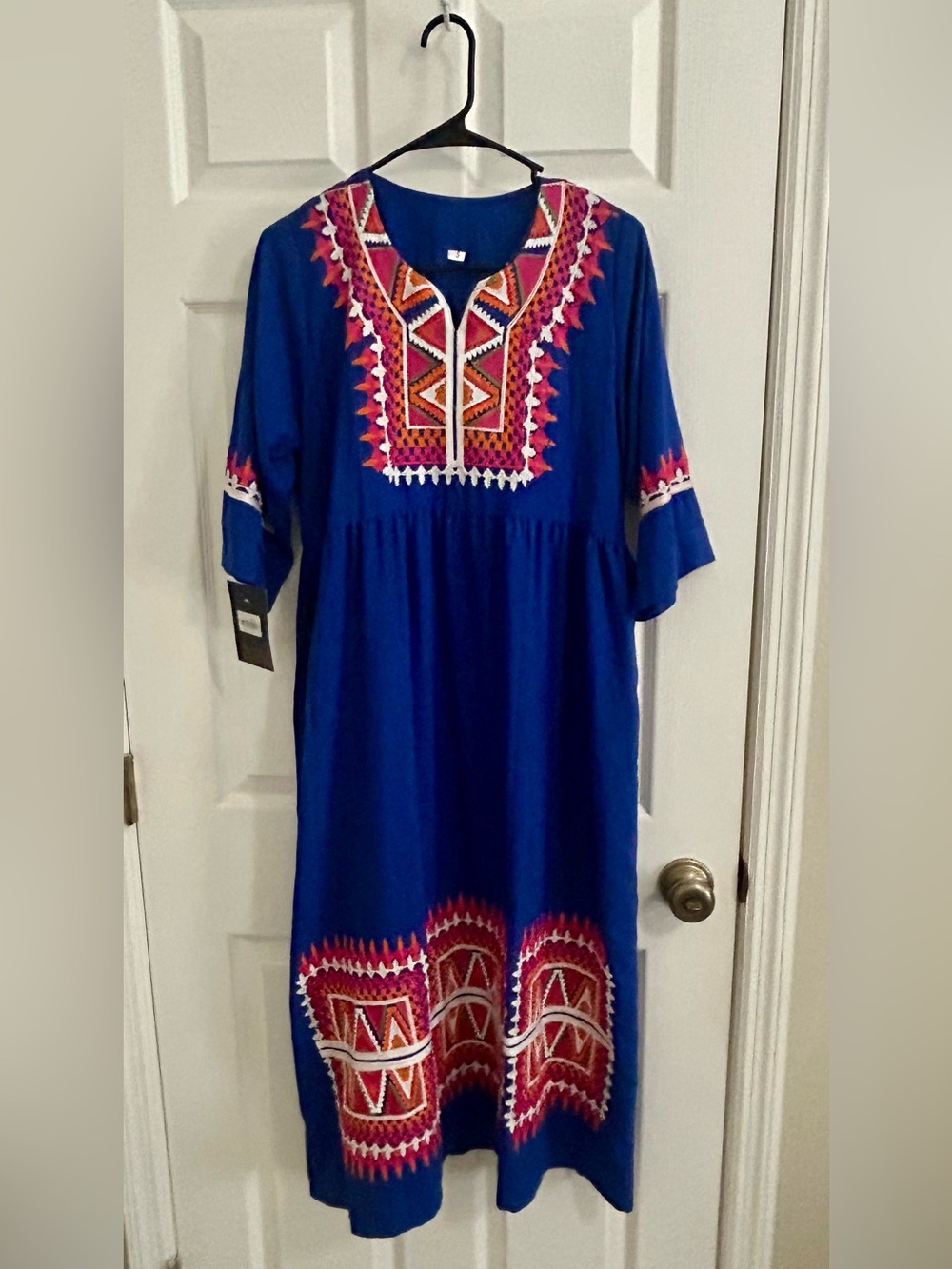 Blue Kaftan with Pink and Orange Embroidered Accents small